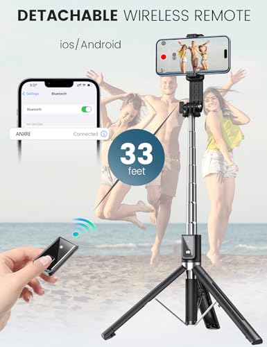 ANXRE Selfie Stick Tripod with Fill Light and Stable Base, Extendable Phone Tripod with Detachable Wireless Remote, 50" Travel Stand for Cell Phone Film & Vlog Compatible with iPhone Android Gopro - size: 50"-Light