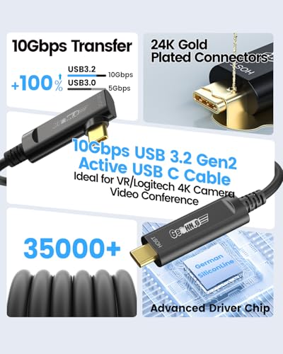 GeoHN.G USB C Fiber Optic Cable Right Angle 33FT, 10Gbps Active Optical USB 3.2 Gen2 Cable with German SiliconLine Chip, Long Distance for Machine Vision, Logitech 4K Camera, VR/AR, Video Conference - size: 33FT (Right Angle)