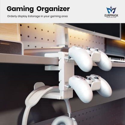 3-in-1 PC Gaming Headset&Controller Holder - EURPMASK Headphone Stand w/Adjustable Clamp&2 Controller Holder&Rotating Arm&Cable Organizer, Universal PC Gaming Accessory Controller Headset Stand-White - color: White