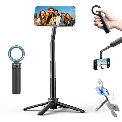ULANZI MT71 Mini Magnetic Selfie Stick Tripod, Foldable & Lightweight, 180° Tilt, Compatible with iPhone 17-12 Series, with Adhesive Magnetic Ring for Desktop Shooting/Vlog/Selfie
