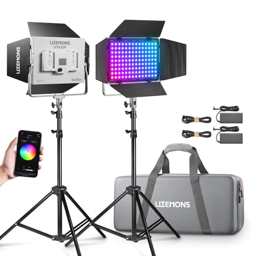 Godox LP600R RGB LED Video Light with Barndoor, 2-Pack 60W 1800K-10000K 9270Lux LED Panel Light with Light Stand, APP Control CRI96+ Studio Soft Light
