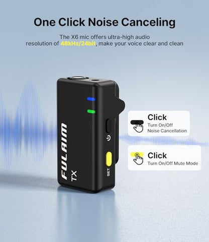FULAIM X6 Wireless Lavalier Microphones with 4 Transmitter for iPhone, iPad, Android, Camera, Lapel Mic with 48KHz 24Bit, Noise Cancellation for Video Recording, Vlog, YouTube, TikTok