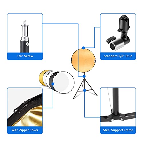 Selens 24inch Photography Reflector Stand Kit, 5-in-1 Collapsible Reflector Disc, 6.5ft Light Stand and Clamp Holder for Photo Video Studio and Outdoor Lighting - size: 24in Reflector Stand Kit