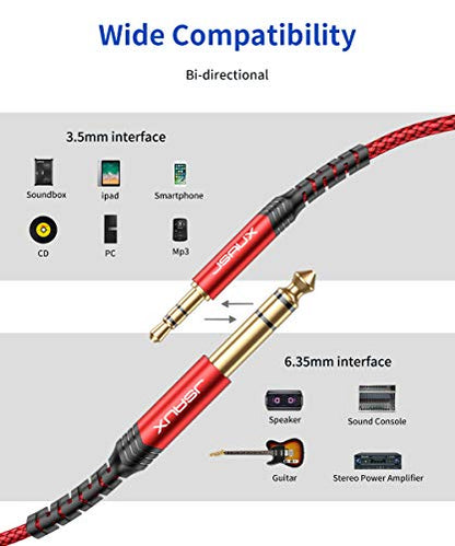 JSAUX 1/4 to 1/8 Cable Stereo Audio Cable 10FT, 6.35mm 1/4" Male to 3.5mm 1/8" Male TRS Bidirectional Stereo Audio Cable Jack for Guitar, Home Theater Devices, Speaker and Amplifiers-Red - color: Red, size: 10ft