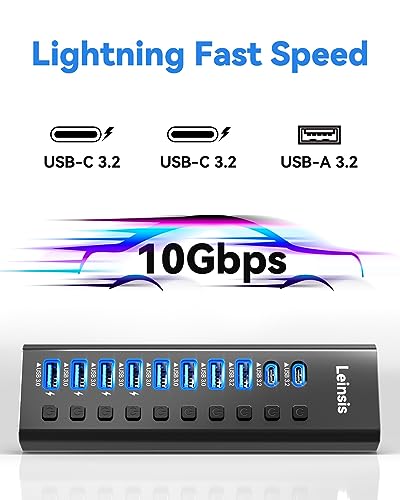 Powered USB Hub 3.2, LEINSIS 10-Port USB 3.2/USB C Hub (10Gbps USB-A 3.2 +2 USB-C 3.2 +7 USB 3.0 Ports) with Individual On/Off Switches and 12V Power Adapter, Aluminum USB Hub Powered for Laptop PC - size: 10-Port USB 3.2 Hub