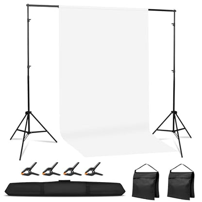 Adjustable Photography Backdrop Stand Kit 10x7ft(W*H)– Photo Studio Background Support with 4 Crossbars, 4 Clamps, 2 Sandbags (with 10 * 7 Feet White Backdrop Curtain) - color: White