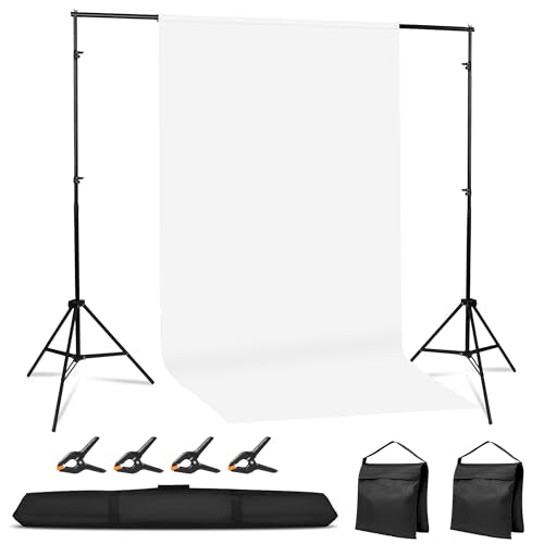 Adjustable Photography Backdrop Stand Kit 10x7ft(W*H)– Photo Studio Background Support with 4 Crossbars, 4 Clamps, 2 Sandbags (with 10 * 7 Feet White Backdrop Curtain) - color: White