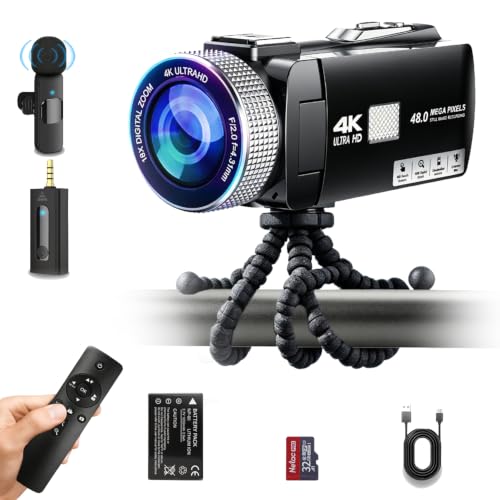 【Manual Focus】 2026 New 4K 60FPS Digital Camcorder, Video Camera with Touch Screen, 2.4G Remote Control, External Lavalier Microphone, Octopus Tripod, 32G TF Card & 2 Batteries for Vlogging