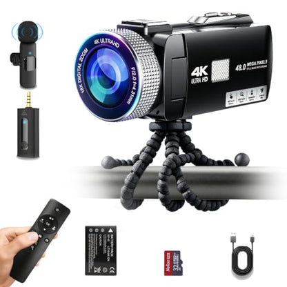 【Manual Focus】 2026 New 4K 60FPS Digital Camcorder, Video Camera with Touch Screen, 2.4G Remote Control, External Lavalier Microphone, Octopus Tripod, 32G TF Card & 2 Batteries for Vlogging