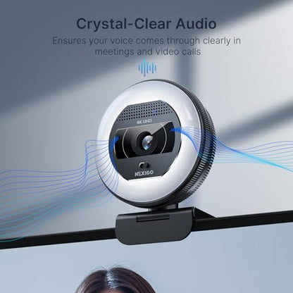 NexiGo 4K Autofocus Webcam Kit, N930E Pro UHD Webcam w/Ring Light, 1080P@60FPS, Dual Noise-Canceling Mics, Built-in Privacy Shutter, Lightweight Mini Tripod, Web Cam for Streaming/Meeting/Gaming