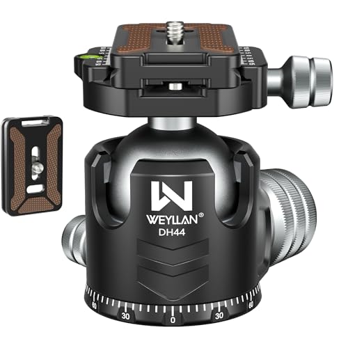 Tripod Head 44mm Low Profile Ball Head, WEYLLAN DH44 360 Degree Metal Panoramic Camera Ball Head Mount with Two Quick Release Plates, Arca Ballhead for Tripod Monopod DSLR Camera Max Load 55lbs/25kg - size: 44mm
