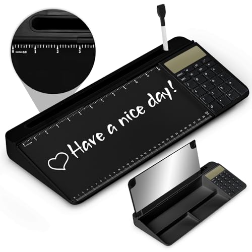 Desktop Glass Whiteboard with Mirror & Calculator(12 Digit LCD Display) & Ruler Marker,Tilted Computer Keyboard Stand with Dry Erase Board Surface, Desk Organizers with Accessories,Black - color: Advanced Black+mirror