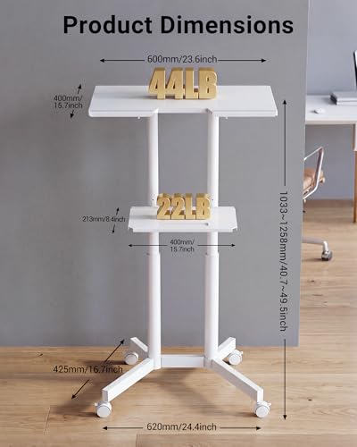 BONTEC Lecterns & Podiums Portable Mobile Standing Laptop Desk, Height Adjustable, Sit Stand, Home Office Classroom Pulpit Stand Up Desk Workstation, Rolling Table Laptop Cart with Storage Tray, White - color: White