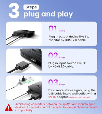 avedio links HDMI Splitter 1 in 2 Out [w/ 4 Ft Hdmi Cable]Not for Extended Display-Mirror Same Screen Only, 4K 1x2 HDMI Splitter 1 to 2 for 3D 1080P@60Hz, Copy 1 Source to 2 Displays at The Same Time