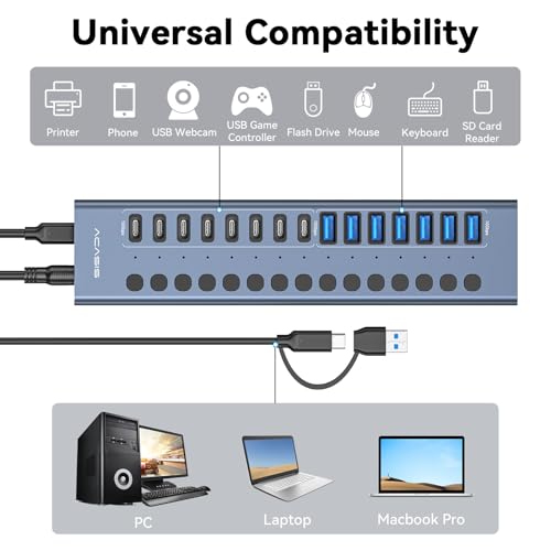 ACASIS 16 Ports Powered USB 3.2 Hub (8 USB-A 3.2 +8 USB-C 3.2) | Aluminum USB Hub Powered with 96W Power Adapter, USB Hub for PC/Laptop, Computer, Flash Drive, Printer, Camera - color: Gray