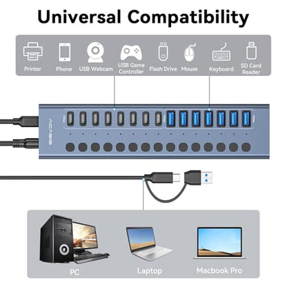 ACASIS 16 Ports Powered USB 3.2 Hub (8 USB-A 3.2 +8 USB-C 3.2) | Aluminum USB Hub Powered with 96W Power Adapter, USB Hub for PC/Laptop, Computer, Flash Drive, Printer, Camera - color: Gray