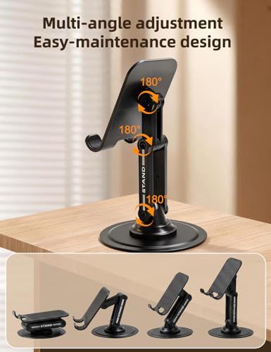 360° Rotating Adjustable Desk Phone Stand with Carbon Steel Base | 180° tilt arm, foldable design, adjustable joint tension, anti-slip silicone pads, fits 4-8 inch iPhone & Android devices