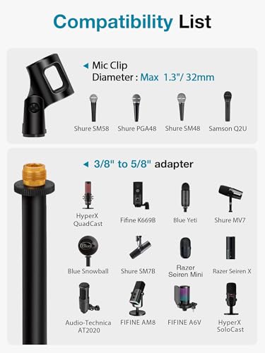 InnoGear Desktop Microphone Stand, 2 Pack Upgraded Adjustable Table Mic Stand with Mic Clip and 5/8" Male to 3/8" Female Screw for Blue Yeti Snowball Spark & Other Microphone