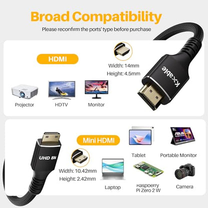 8K Mini HDMI to HDMI Cable 4FT, Bidirectional, 8K@60Hz, 4K@120Hz, Braided & Aluminum Shell, Compatible with Camera, Camcorder, Portable Monitor, Laptop, Tablet, Graphics Card, Raspberry Pi Zero W - size: 4FT, style: Straight angle