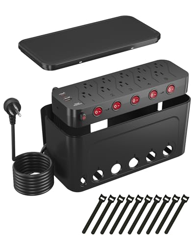 Power Strip with Cable Management Box,Surge Protector 10 AC and 3 USB Ports,6 ft Flat Plug Extension Cord,Outlet Hider Fast Charging Station,Desk Cord Organizer Box and Cover,Hidden Long Wire,Black - color: Black