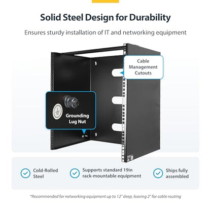 StarTech 14U 19in Wall-Mount Network Rack, 14in, 77lb (RACK-14U-14-BRACKET) | Low-profile shallow rack, M6 screws and cage nuts, Fits gear up to 12in deep, Rear cable slot, Steel - size: 14U