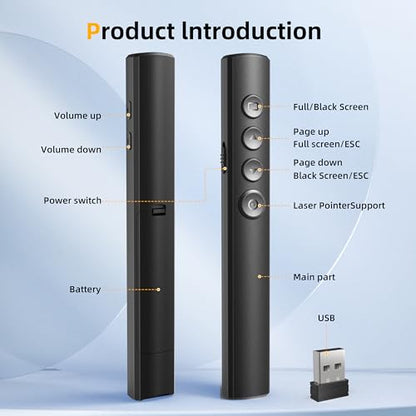 Wireless Presentation Clicker for Powerpoint Slideshow, Office/Classroom PPT Remote Presenter Pointer Slide Advancer with USB Receiver for Computer/MacBook Laptop/PC Black Red Light - color: Black