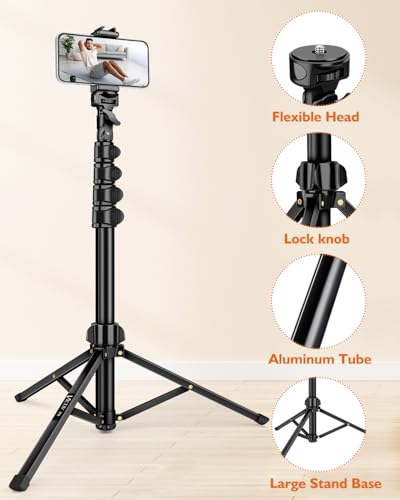Phone Tripod, 85" Tall Tripod for iPhone with Remote, Gooseneck and Phone Holder, Overhead Phone Stand for Video Recording Watching Cooking Fitness Vlog, Compatible with iPhone Android, Black - size: 85 inch