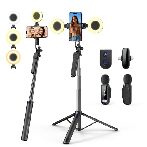 yAyusi Vlogging Kit for iPhone/Android, 70.9" Extendable Selfie Stick Tripod for iPhone with Light, Remote Control ＆ Microphone for TikTok/YouTube/Content Creator Essentials Starter Kit