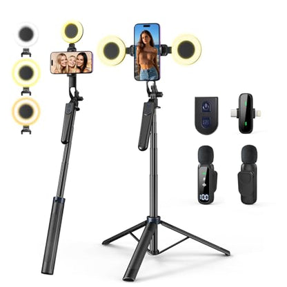 yAyusi Vlogging Kit for iPhone/Android, 70.9" Extendable Selfie Stick Tripod for iPhone with Light, Remote Control ＆ Microphone for TikTok/YouTube/Content Creator Essentials Starter Kit