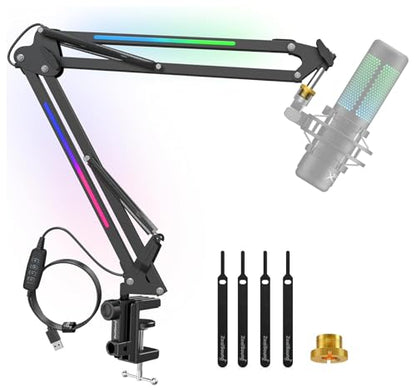 Technical Pro MKL2 Microphone Boom Arm Stand with LED Lighting - 27.6" Articulating Arm, 360° Rotation, Spider Shock Mount, C-Clamp - duoCo StripX App Control - 5V USB Power - 3.5 lb Capacity - Black