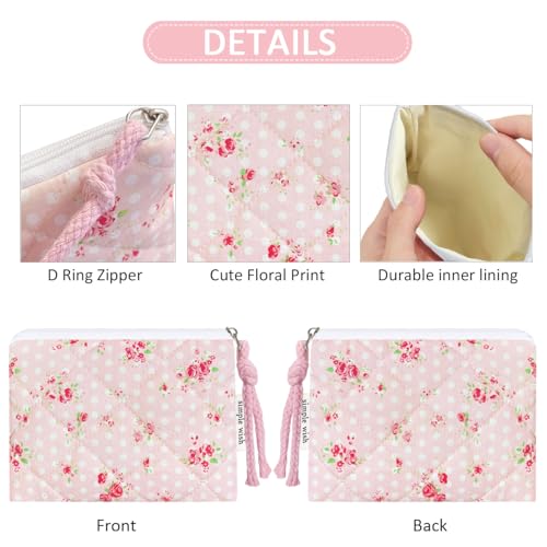 Cotton Quilted Floral Coin Purse Digital Camera Pouch with Cute Prints Zipper for Women Girls (PINK ROSE) - color: PINK ROSE