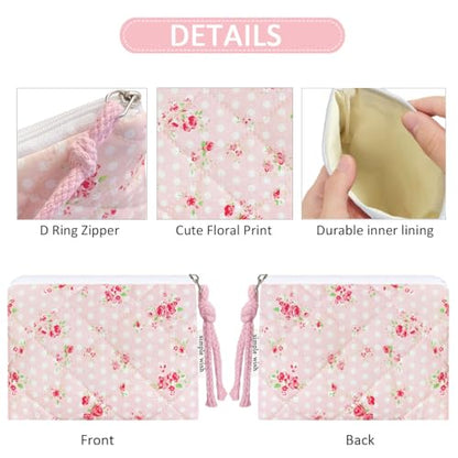 Cotton Quilted Floral Coin Purse Digital Camera Pouch with Cute Prints Zipper for Women Girls (PINK ROSE) - color: PINK ROSE