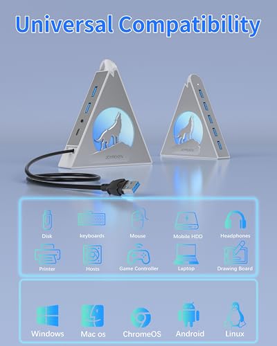 7 Port USB Hub, JoyReken USB 3.0 Hub with 2 FT Long Cable, Vertical USB Extension Hub for Laptop, MacBook,Xbox,PS4/5, Flash Drive, XPS, PC, Flash Drive, Game Console, Printer, Keyborad, Mouse (Silver) - color: 5-Wolf Silver