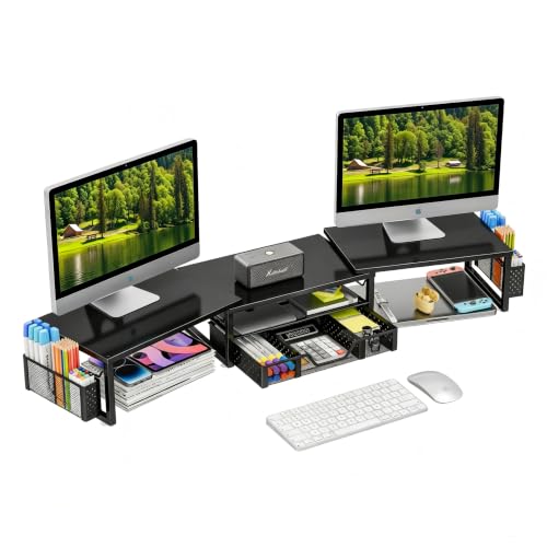 Simple Trending Dual Monitor Stand Riser with Drawer and 2 Pen Holders, Desk Organizer with Storage, Black
