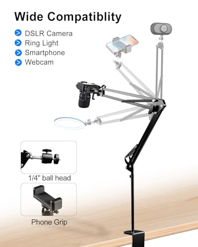 Overhead Phone Mount with Adjustable Arm and Desk Clamp, Camera Desk Mount Fit for DSLR iPhone Webcam Ring Light, Phone Holder Fit for YouTube TikTok Photography Video Recording