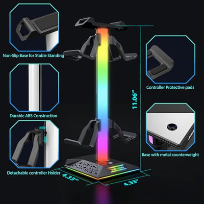RGB Headphone and Controller Stand with USB Charging Hub, Gaming Headset Holder for Desk, 2 USB-A and USB-C Ports, Holds 4 Controllers, 10 Lighting Modes for PS5 Xbox Switch PC