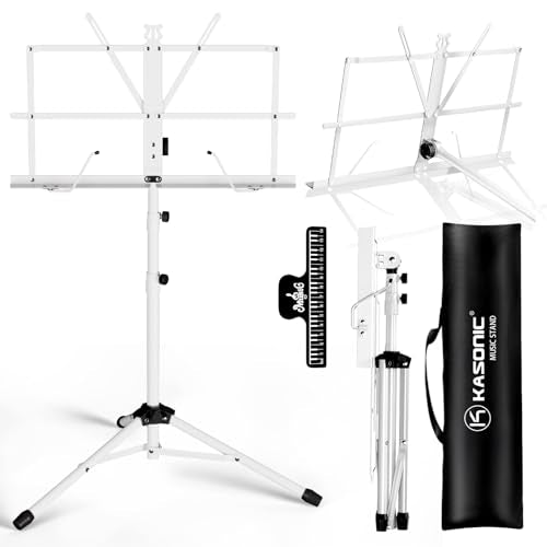 K KASONIC - Music Stand, 2 in 1 Dual-Use Folding Sheet Music & Desktop Book Stand, Portable, Lightweight with Music Sheet Clip Holder & Carrying Bag Suitable for Instrumental Performance, White - color: 1 Pack White