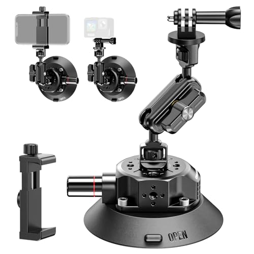 CAMBOFOTO 4.6" Camera Suction Cup Mount with Ball Head Magic Arm, Car Mount with Action Camera Adapter and Phone Holder, Compatible with DSLR Cameras Sony, Canon, Nikon/Phone/DJI/Insta 360