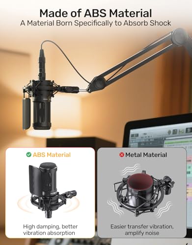Custom AT2020 Microphone Shock Mount with Metal Pop Filter, Anti-Vibration Suspension Shock Mount Mic Holder Clip Compatible with Audio Technica AT2020 AT2035 AT2020USB ATR2050 AT3035 AT3060 Mic