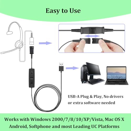 Headset USB Adapter Quick Disconnect QD Cable to USB A Plug Adapter for Plantronics QD Wired Headset with in-line Volume Mute Controls to Computer Laptop PC Mac VOIP Softphone