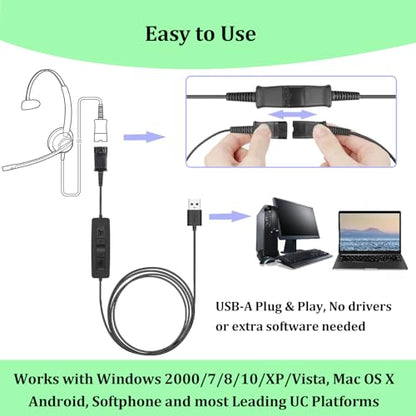 Headset USB Adapter Quick Disconnect QD Cable to USB A Plug Adapter for Plantronics QD Wired Headset with in-line Volume Mute Controls to Computer Laptop PC Mac VOIP Softphone