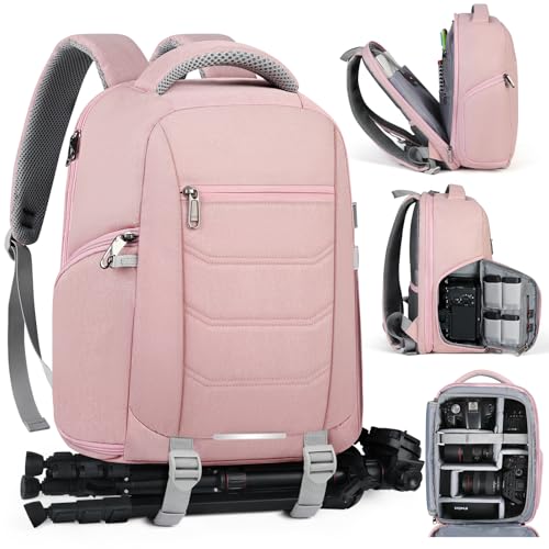 SDYSM Camera Bag Backpack Professional for DSLR SLR Mirrorless Camera Waterproof Laptop Back Pack 14 Inch with Rain Cover Anti Theft Travel Case Large Capacity Photography Backpack Pink - color: Pink, size: Medium