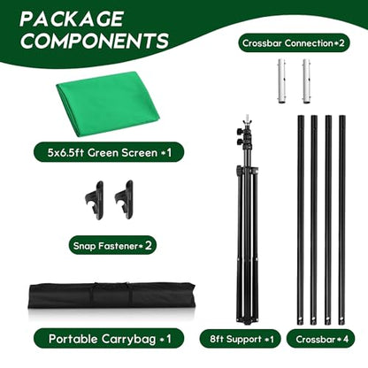 2-in-1 Green Backdrop Stand Kit, I-Frame Design - 8'(H) x 5'(W) Portable Photography Background Stand with 6.5 'x 5' Green Backdrop & Carry Bag for Video Streaming, Zoom Meetings, Parties