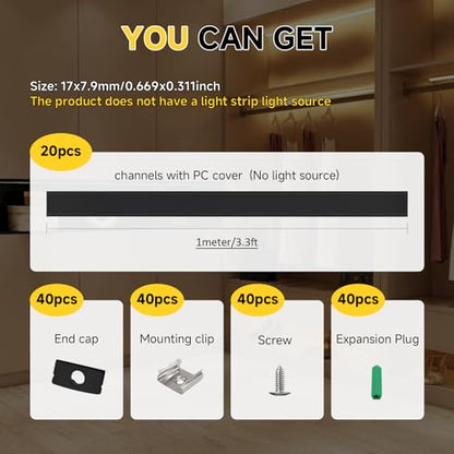 Black LED Channel 20-Pack, 3.3ft/1m LED Aluminum Channel with Diffuser Cover, U-Shape Aluminum LED Channel for Under Cabinet Lighting, LED Diffuser Channel Strip Light Track, fits up to 12mm Strips - color: Black Aluminum + Black Cover, size: 3.3FT/20P/#0
