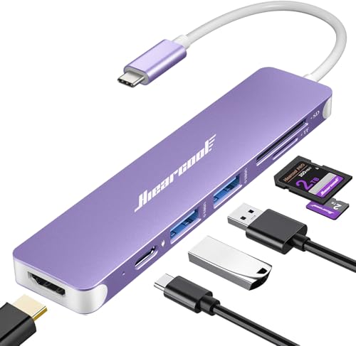 Hiearcool USB C Hub, 7-in-1 Multi-Port Adapter, USB-C to 4K HDMI Splitter Type C Dock Dongle with 100W Power Delivery SD/TF Card Reader Compatible for MacBook Pro/Air and More Type USBC Devices - color: Light Purple