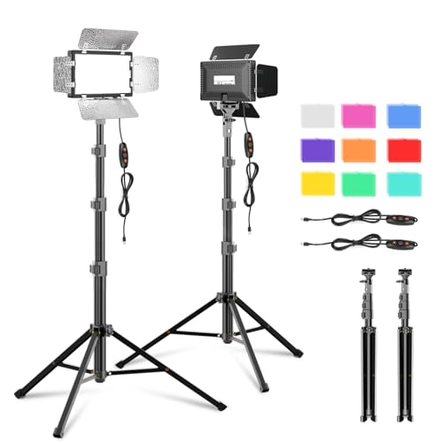 2 Pack LED Video Photography Lighting Kit with 54'' Tripod Stand, Dimmable 5600K USB Studio Lights with Barndoor -9 Color Lighting for Video Recording, Photo Studios, YouTube, Streaming - size: 45-137cm