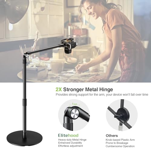 elitehood Overhead Phone Mount with Light for Video Recording, Adjustable Desk Ring Light with Stand and Phone Holder, Heavy Duty Overhead Camera Mount Tripod for iPhone Cooking Video, Filming Meeting - style: Desk Stand with Light
