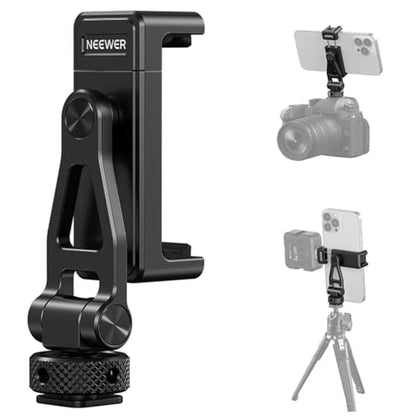 NEEWER Metal Phone Tripod Mount with Cold Shoes, 1/4" Thread, 180° Tilt, 360° Rotation, Adjustable Phone Clamp Holder Compatible with iPhone 17 Pro Max 16 15 Samsung S25 S24 Ultra Camera Cage, GA010 - style: GA010