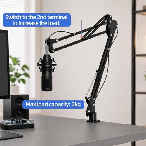 Mic Boom Arm, 1/4 3/8 5/8" Low Profile Microphone Stand, Cable Management | 360° Rotatable, Desk Mount Clamp, Heavy Duty Metal Black, Spring Damping, Streaming, Gaming, Recording, Podcasting, Studio