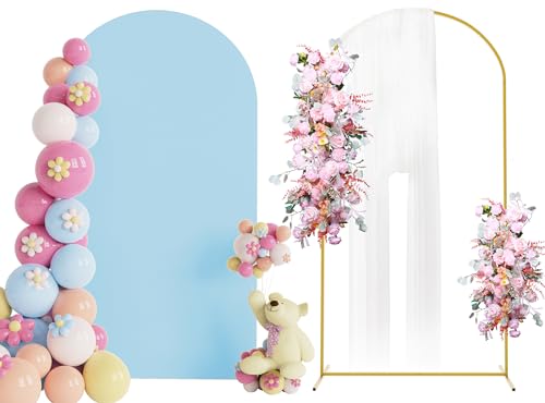 Putros Arch Backdrop Stand and Cover Set, 7.2ft, Gold Arch Stand with Dusty Blue Cover, Metal Arched Background Frame for Wedding, Birthday Party, Baby Shower, Photography Decoration - color: Dusty Blue, size: 7.2ft x 4ft